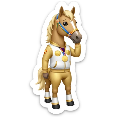 anthropomorphised horse in a hip-hop outfit, wearing a gold medal sticker