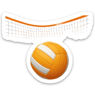 The scene captures a sunny sea beach atmosphere with clear blue sea and sky, palm trees swaying. A volleyball resting on the orange sand ground of a beach, with a volleyball net in the background.  sticker