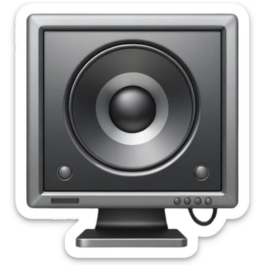 Minimal emoji icon of a modern metallic studio monitor, front view, detailed geometry, dark metallic body, subtle highlights, isolated sticker