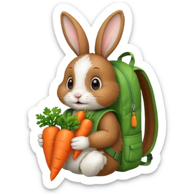 A brown & white, bunny with a green backpack, holding a carrot sticker