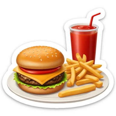 i want a Cheeseburger and Fries with a angle to 15–20° gentle bird’s-eye angle with 2 sauce round plate one is white and other is red with some fries thicker like mcdonald's sticker
