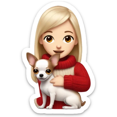 A girl with white skin color with dark brown eyes and brown hair in red sweater and straight bangs hugs white wool Chihuahua sticker