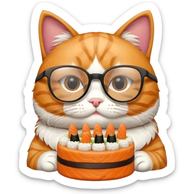 cat with cool thick square shaped glasses eating a birthday cake made out of sushi sticker
