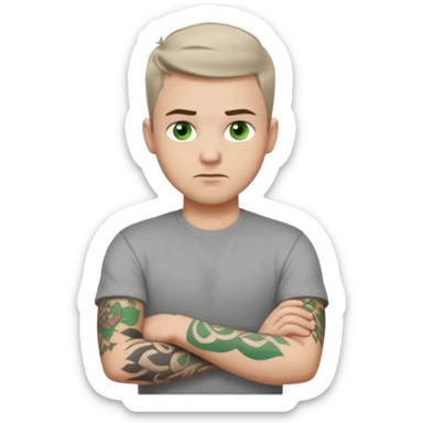 White young man with short dark taper fade hair cut and slight goatee and neutral expression with his arms folded. Green eyes and arm tattoos sticker