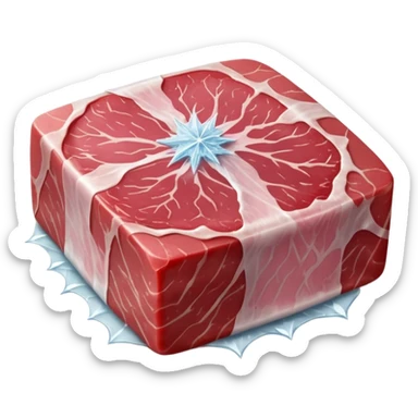 single raw meat cut steak or filet wrapped in thin layer of frosty plastic film with visible ice crystals slightly opaque surface pink to red meat with subtle marbling stiff edges frozen solid no tray no label no extras soft lighting subtle shadows emoji scale sticker