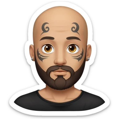 man with beard, not haid, face tattoo, black shirt sticker