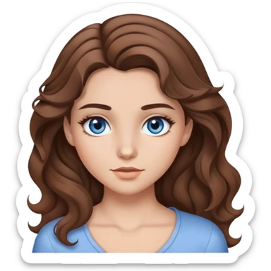 A girl with brown wavy hair with parting on the left side, gray-blue eyes and makeup sticker