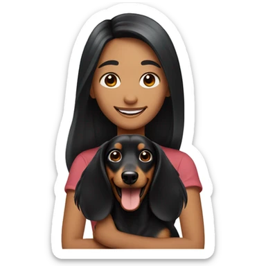 happy girl with long black hair with a daschund sticker