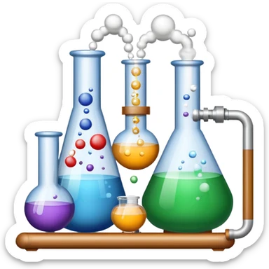 An icon featuring chemical flasks with tubes, representing hydrolysis, along with liquids, powders, and chemical formulas. The design includes molecules and reaction symbols, symbolizing the study of chemical processes and compounds. Transparent background highlights the science of reactions. sticker