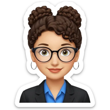 a woman, 30 years old, light skin with dark brown curly hair in a bun with some face framinig pieces. eyeglasses. Black suite on. blue eyes. sticker