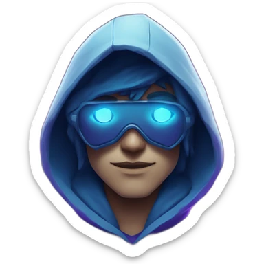 developer with the style of Riot Games Valorant neon blue eyes glowing bright blue Video game character blue purple hooded assassin themed character shrouded wraith sticker