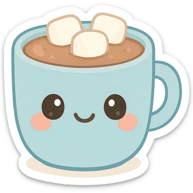 kawaii mocha in a blue mug, blushing cheeks, topped with marshmallows, cartoon style, happy expression sticker