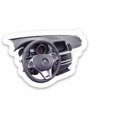 3D style image of the interior of a 2015 Mercedes Benz ML350, black leather seats, dashboard and steering wheel, luxury SUV details, front seats view sticker