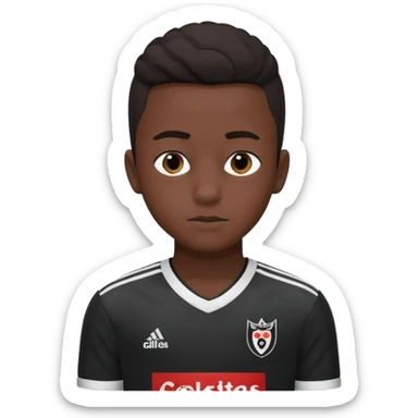A dark-skinned boy, aged 15 and 16, is wearing a Besiktas jersey, black and white. sticker