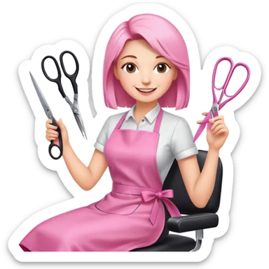 happy woman client in pink apron sitting in salon chair, female hairstylist smiling behind her with scissors sticker