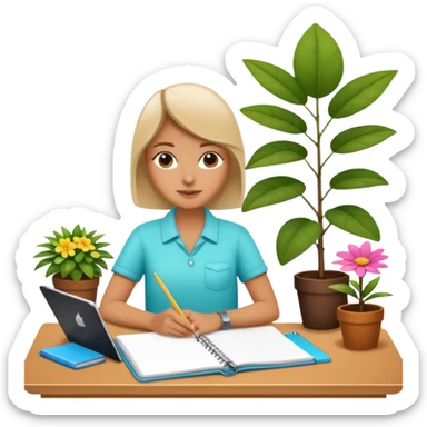 DE VACACIONES y detrás un escritorio moderno, con una notebook, una agenda y una planta con una flor sticker