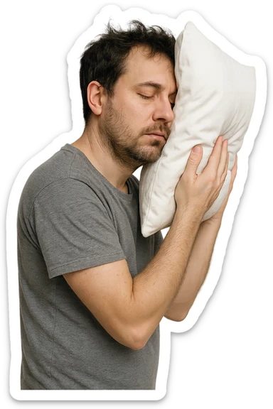uomo di profilo assonnato che si tiene un cuscino contro la testa, occhi chiusi, iperrealistico 4k, isolato su sfondo bianco sticker