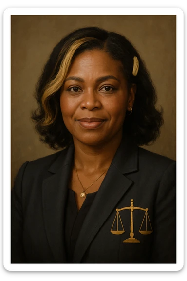 Portrait of a Black female lawyer with blonde highlights and brunette hair, dark blazer, empathetic and confident expression. Direct gaze and subtle smile. Stylized justice scale on the blazer or background. Maternal detail: discreet hair accessory or pendant. sticker