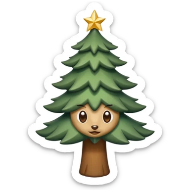 Un emoji représentant un petit sapin stylisé, sans bouche, avec deux grands yeux de biche brillants couleur cannelle. Style minimaliste, mignon et expressif, comme un sticker ou un emoji moderne. Fond parfaitement transparent, haute qualité, bien centré. sticker
