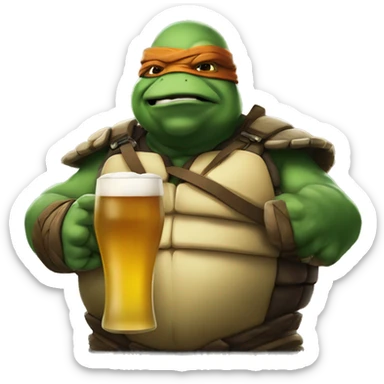 Michelangelo the fat ninja turtle drinking beer with grumpy face sticker