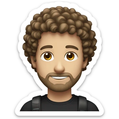 a white man with curly frizzy brown hair and a short trimmed beard with no mustache with blue eyes, black t shirt  sticker
