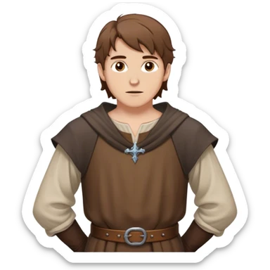 medieval outfit worn by a DnD themed fantasy character. basic low level clothes. clothes only above the waist. The clothes full waist. The character's haven't arms. character is brown hair brown eyes messy hair white man. sticker