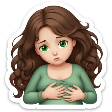 Sad Girl with curled brown long length hair and dark green eyes with belly ache sticker