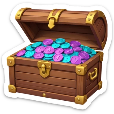 wooden brown treasure chest filled with  coins 
Change coins color in in gradient of turquoise, blue, pink, purple, and coral sticker