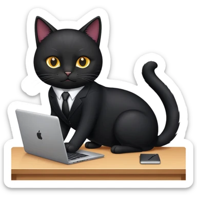 Black cat in a black business suit in an office with laptop sticker