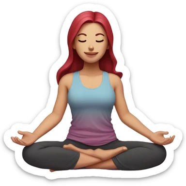 yoga girl, lotus position, pink skin, long and dark red hair, eyes closed, smiling sticker
