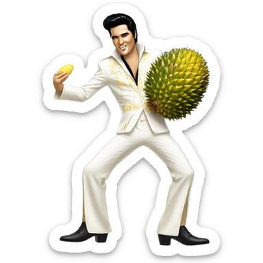 Elvis Presley wearing a white and gold jumpsuit with black shoes in a dancing pose, A hand holding a large durian sticker