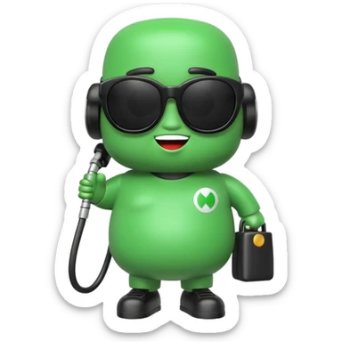 A cute 3D icon of a green gas pump character wearing oversized black sunglasses. Round and chubby proportions, glossy toy-like texture, soft pastel lighting, friendly expression, smooth edges, high-quality render, isolated on a transparent background. sticker
