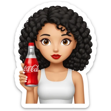 a pretty tan bratz girl with black curly hair drinking coca cola. minimal makeup. white top sticker