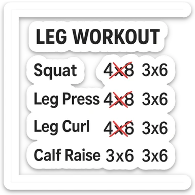scheda di allenamento gambe con volume di allenamento ridotto (fai alcuni esercizi con 4x8 scritti in precedenza sbarrati in rosso e la correzione accanto tipo 3x6), scrivila al meglio che puoi sticker