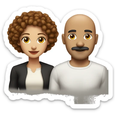 Light skin girl with long curly brown hair with red at the bottom and a black bald man with a bread and mustache sticker