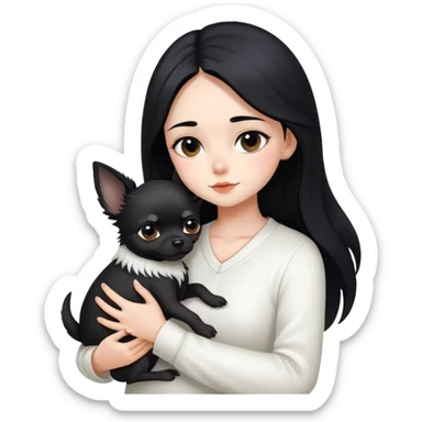 A girl with fair skin, long black hair, and white clothes, gently and tightly hugs a black Chihuahua sticker