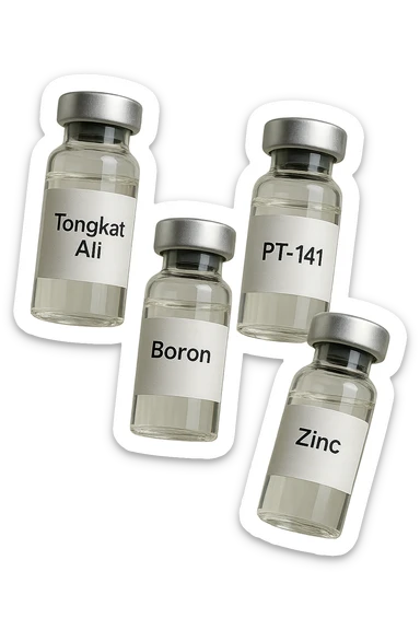 3 fiale mediche: Tongkat Ali, Fadogia Agrestis, PT-141, Boron e Zinco fluttuano in aria verticalmente sticker