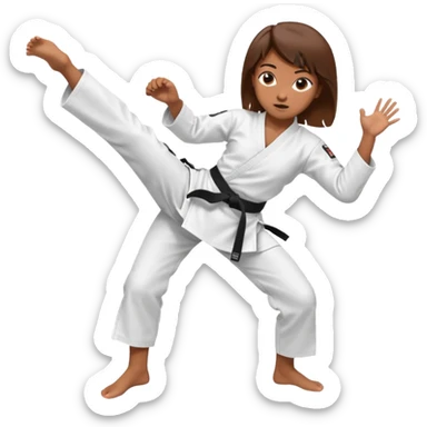 Ragazza castana che pratica karate, ha la cintura nera ed io tradizionale kimono bianco del karate, tira un calcio laterale  sticker