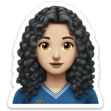 Hyper realistic White girl with long black curly hair wearing a ravenclaw school inform sticker