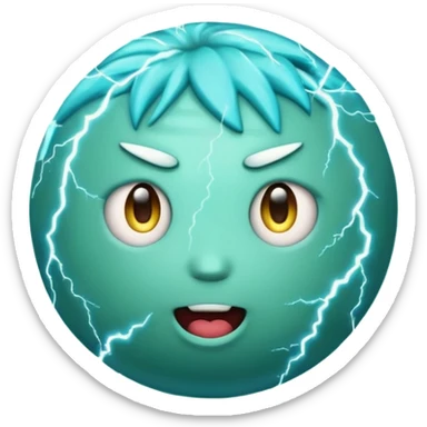 Uranus emoji in Apple style with a quirky face, blue-green planet, surrounded by lightning bolts, wild and chaotic expression, and rings sticker