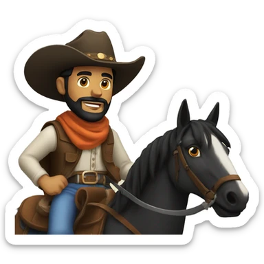 man with black beard and black eyes wearing a cowboy hat riding on his horse in front of a campfire holding a shotgun sticker