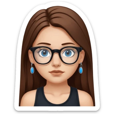 WHITE girl with long brown hair, part going more to the RIGHT side, BLUE eyes, wearing BLACK rectangle plastic frame glasses. SEPTUM nose piercing hoop (at bottom of nose) AND stud nose piercing on right side of nose. Wearing BLACK tank top. sticker