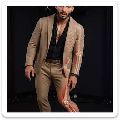 Realistic man standing in a gym, pose as in the reference, pelvis tilted, knee in valgus, and pronated foot. Visible skin and muscles, some translucent areas partially showing bones and joints involved (pelvis, knee, foot). Natural expression, clothing similar to the reference, hyperrealistic 4K details, gym environment. View slightly rotated by 30 degrees. Variant 4. sticker