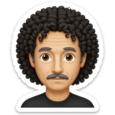 60 year old Greek man with short black curly frizzy thin hair that sticks up and has a black shirt sticker