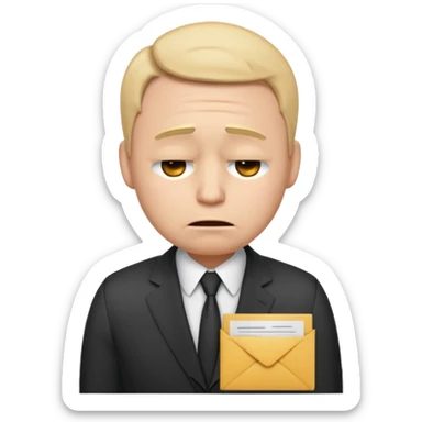 unisex emoji character wearing a suit. face has a very sad crying, disappointed expression with drooping eyebrows and half-closed eyes. posture is dejected, with slumped shoulders just rejected from his interview to get a job, holding cv. sticker