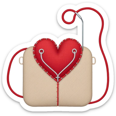 Heart stitched mid-sew, needle still pulling thread sticker