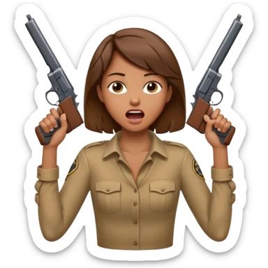 the woman emoji with brown hair and tan skin choking herself  with both hands around her neck with her mouth open and two arms from behind her holding a gun in each hand point directly at her head sticker