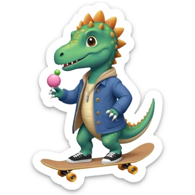 a dinosaur on a skateboard wearing a coat with sneakers in the bottom a cute pokie hairball on the top sticker