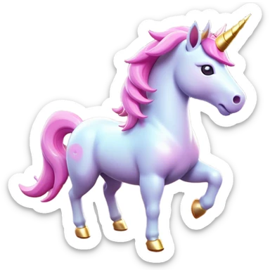 Clash of Clans aesthetic: Cinematic Playful Unicorn Mount Emoji, rendered in a 3D vector-style similar to standard emojis with minimal shading and bold, simplified shapes. A compact, isometric majestic unicorn with a spiraled horn and flowing mane, softly glowing with a magical celestial charm. Simplified yet unmistakably iconic, highly detailed and consistent, glowing with a soft radiant brilliance and high shine. Stylized with a touch of enchanted fantasy and a soft glowing outline, capturing the essence of a mythical mount with a friendly, playful elegance! sticker