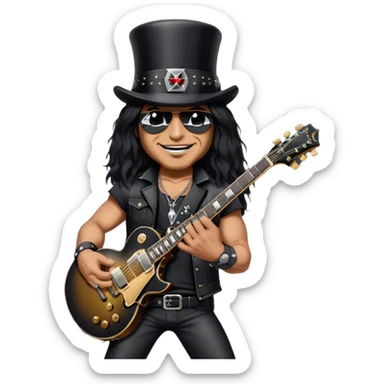 Create a bold and iconic emoji representing Slash with his Gibson guitar. The design should feature Slash wearing his signature black top hat (cylinder) and holding his famous Gibson Les Paul guitar. Make sure to capture his distinctive smudged, smirking expression, with a slightly tanned or smuggled face and large lips. The guitar should be positioned in a rockstar pose, with dark, metallic colors like black and gold to reflect the classic rock aesthetic. The background should be transparent, with a hint of stage lighting to enhance the rock vibe. sticker